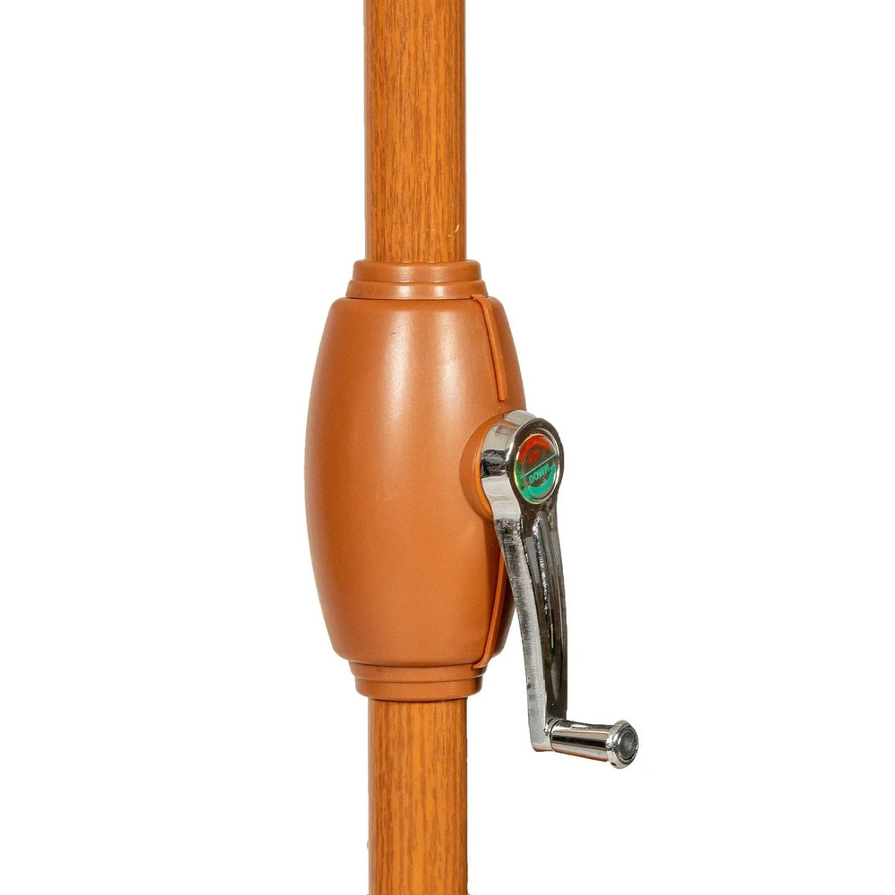Brown parasol pole with metal crank handle for outdoor umbrella