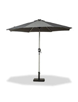 Grey outdoor garden parasol with metal pole and base, crank handle visible at center