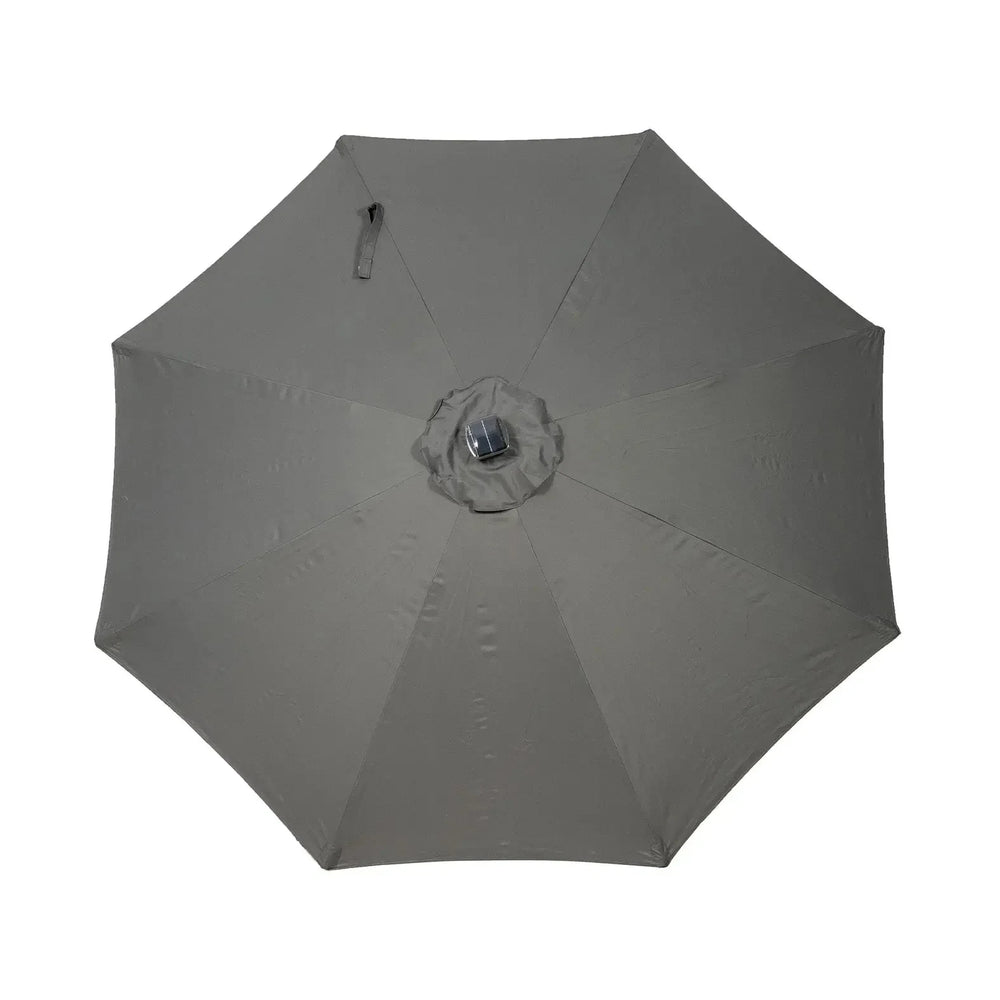 Grey outdoor parasol canopy with central solar panel viewed from above