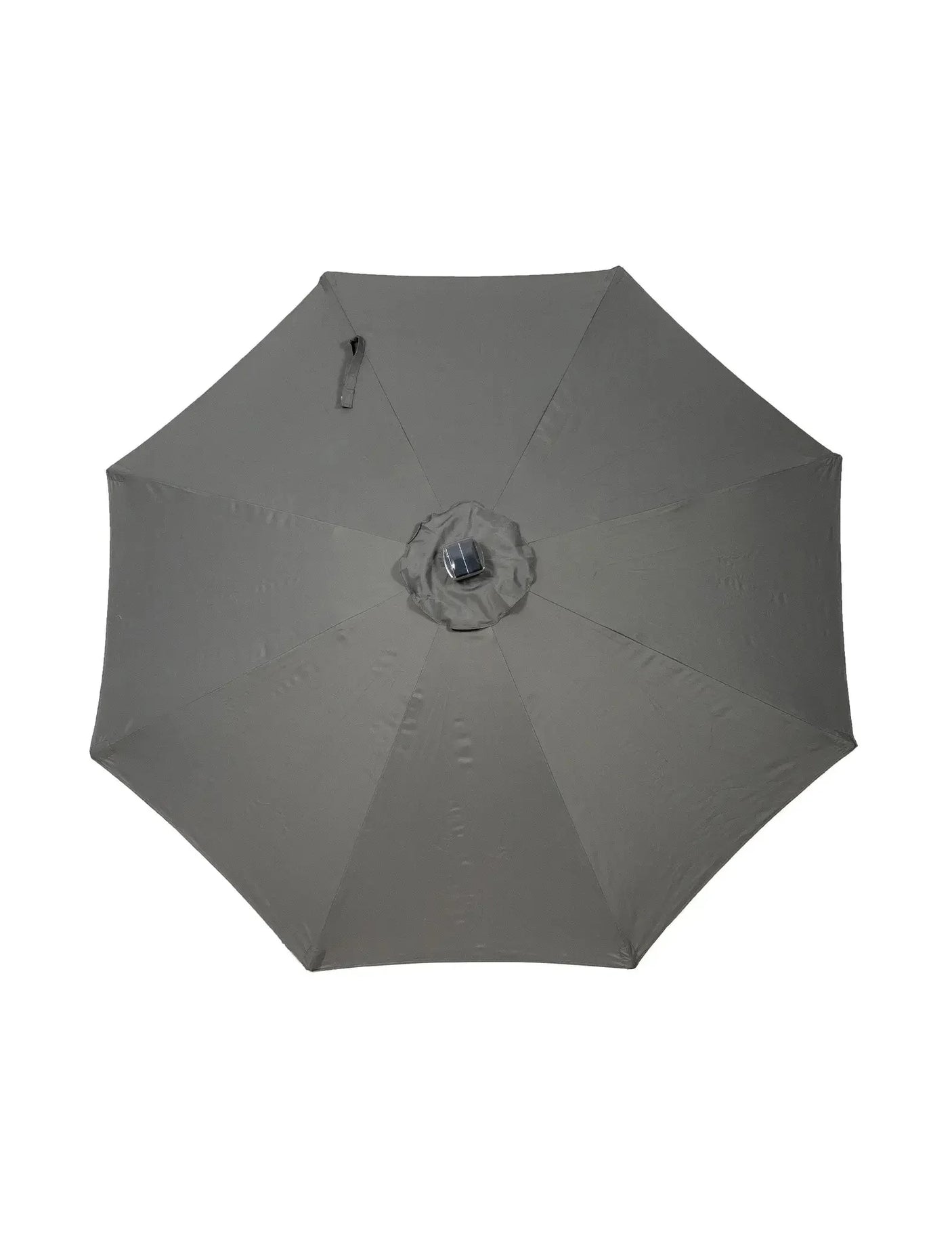 Grey outdoor parasol canopy with central solar panel viewed from above