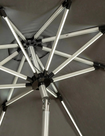 Close view of metal frame and support ribs on a grey garden parasol