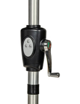 Manual crank handle and control panel on metal parasol pole close-up