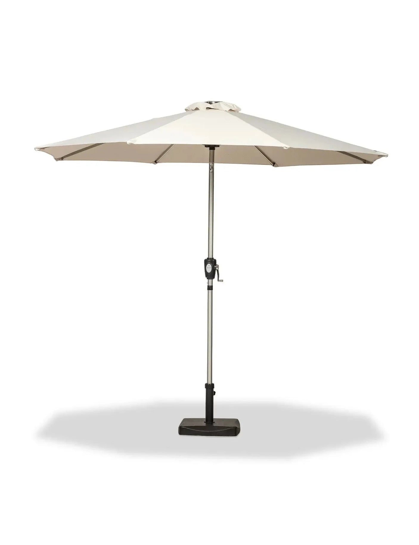Cream garden parasol with crank handle and metal pole on black square base, front view