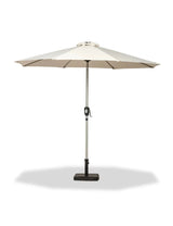Cream garden parasol with crank handle and metal pole on black square base, front view