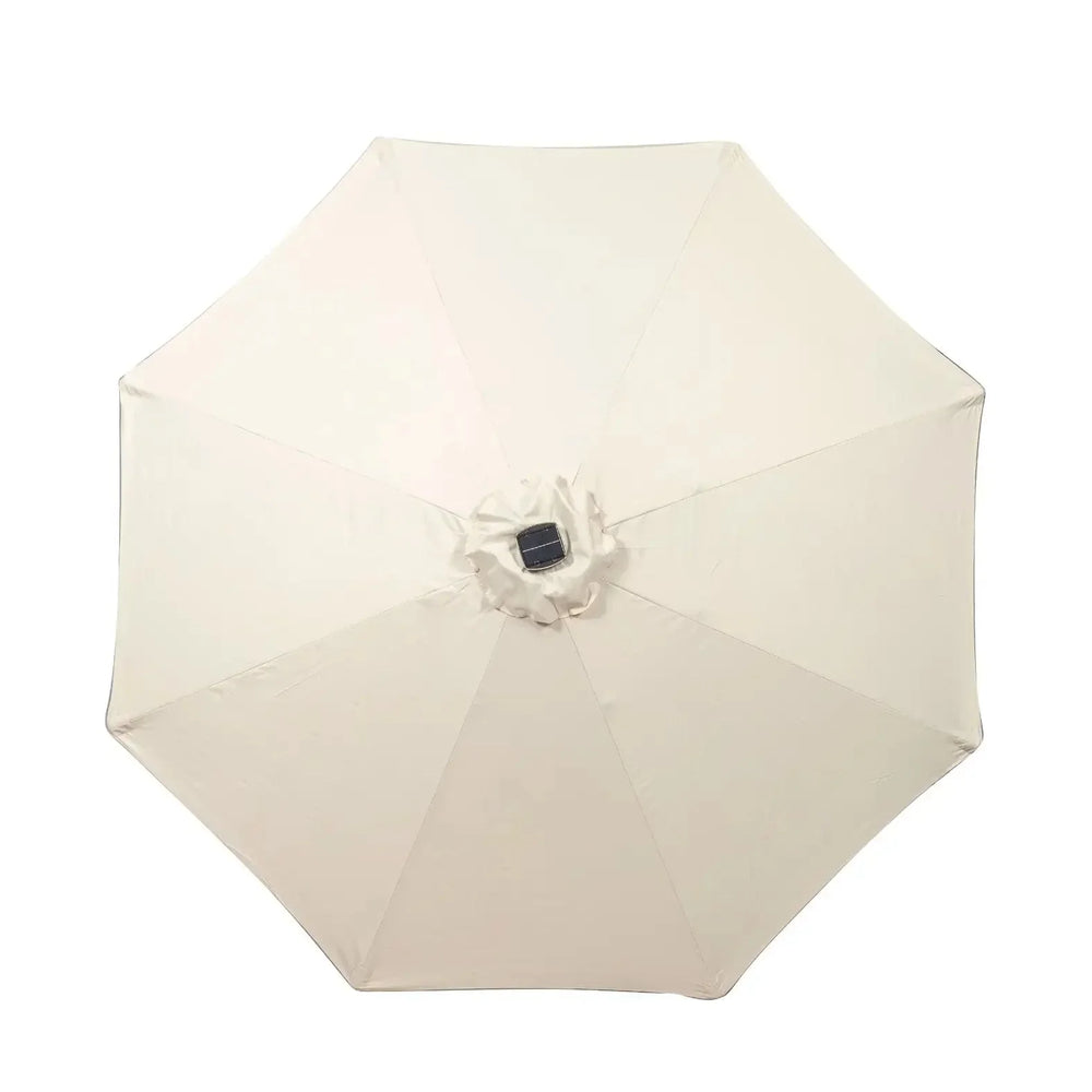 Beige garden parasol canopy top view with octagonal shade and solar panel feature