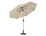 Ivory solar LED crank tilt parasol with metal pole on stand, open and angled