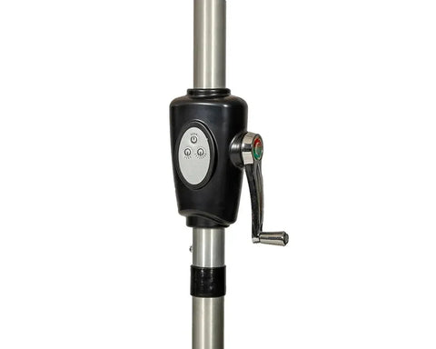 Crank handle and control panel on silver pole of solar LED garden parasol