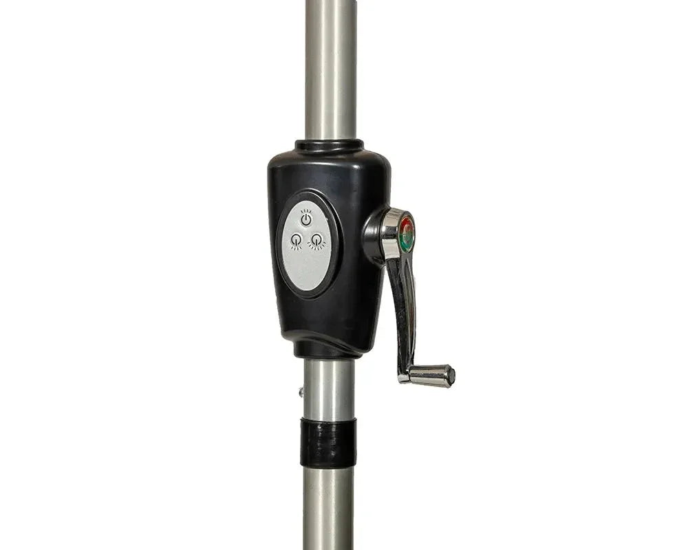 Crank handle and control panel on silver pole of solar LED garden parasol