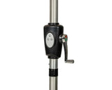 Crank handle and control panel on silver pole of solar LED garden parasol