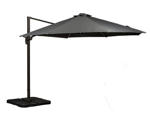 Large grey cantilever garden parasol with sturdy base and metal pole