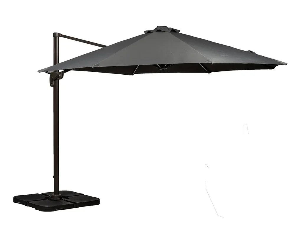 Large grey cantilever garden parasol with sturdy base and metal pole