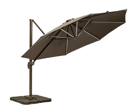 Large brown cantilever garden parasol with sturdy base and metal frame