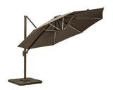 Large brown cantilever garden parasol with sturdy base and metal frame