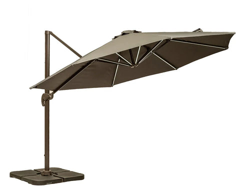 Brown cantilever garden parasol with metal frame and cross base