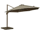 Large cantilever garden parasol with taupe canopy and weighted base on white background