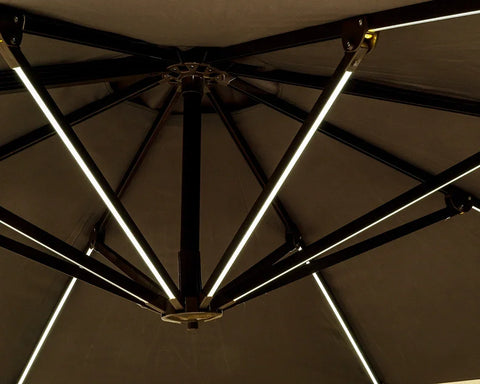 Close-up of outdoor parasol canopy with integrated LED lighting on metal ribs