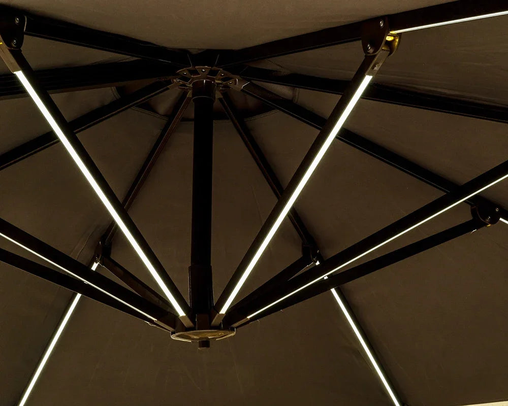 Close-up of outdoor parasol canopy with integrated LED lighting on metal ribs