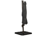Closed grey cantilever garden parasol with weighted base on white background