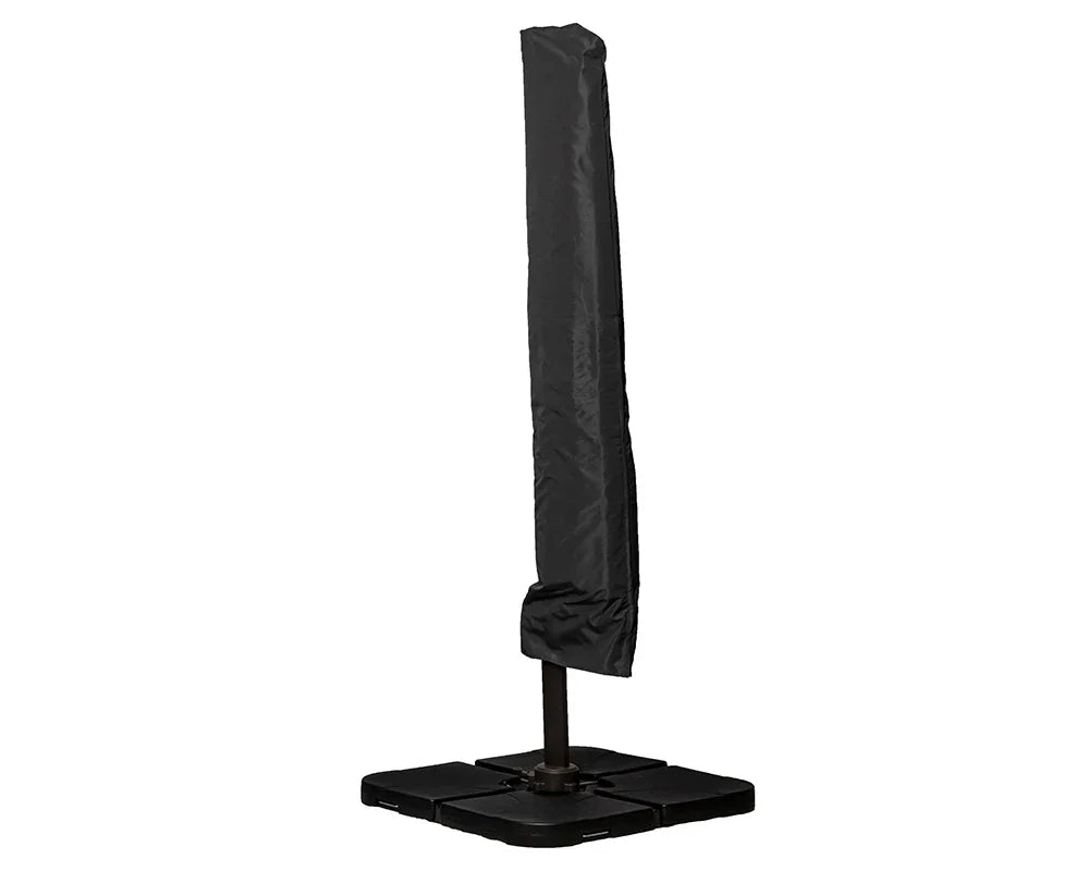 Black cantilever parasol cover on stand with square weighted base