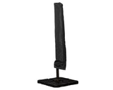 Black cantilever parasol cover on stand with square weighted base