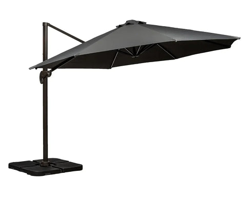 Black cantilever garden parasol with sturdy square base and adjustable arm