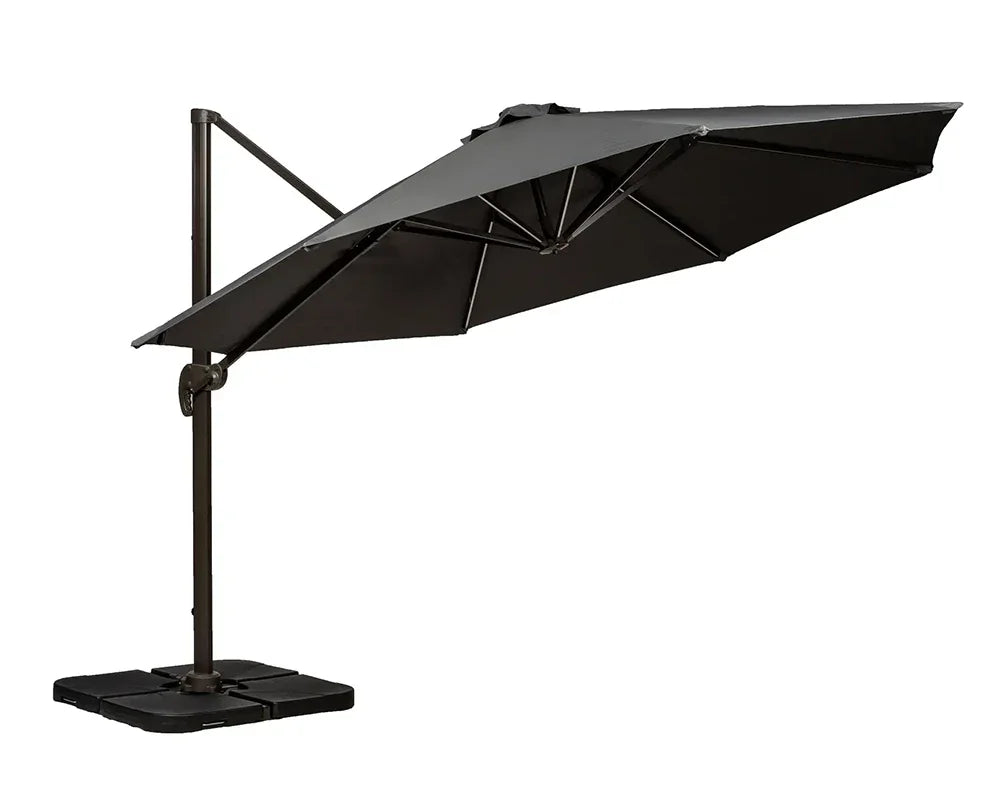 Black cantilever garden parasol with side pole and square weighted base
