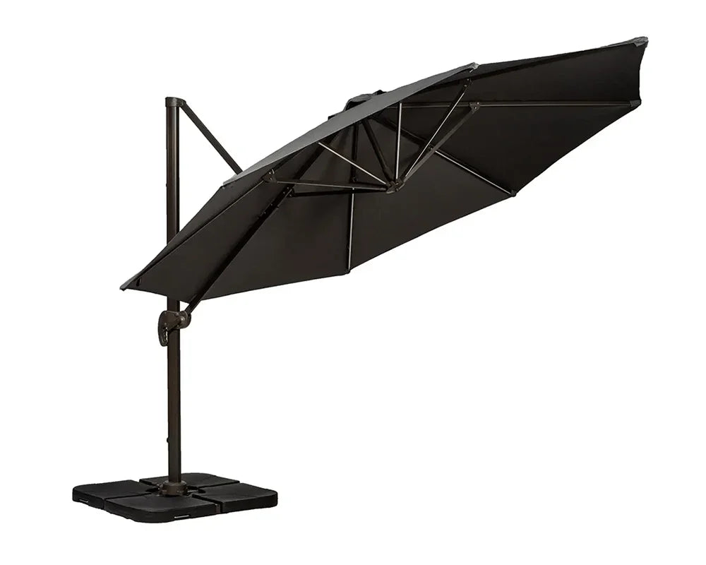 Black cantilever garden parasol with sturdy base and angled canopy