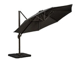Black cantilever garden parasol with sturdy base and angled canopy