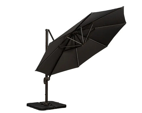 Black cantilever garden parasol with adjustable base and side pole