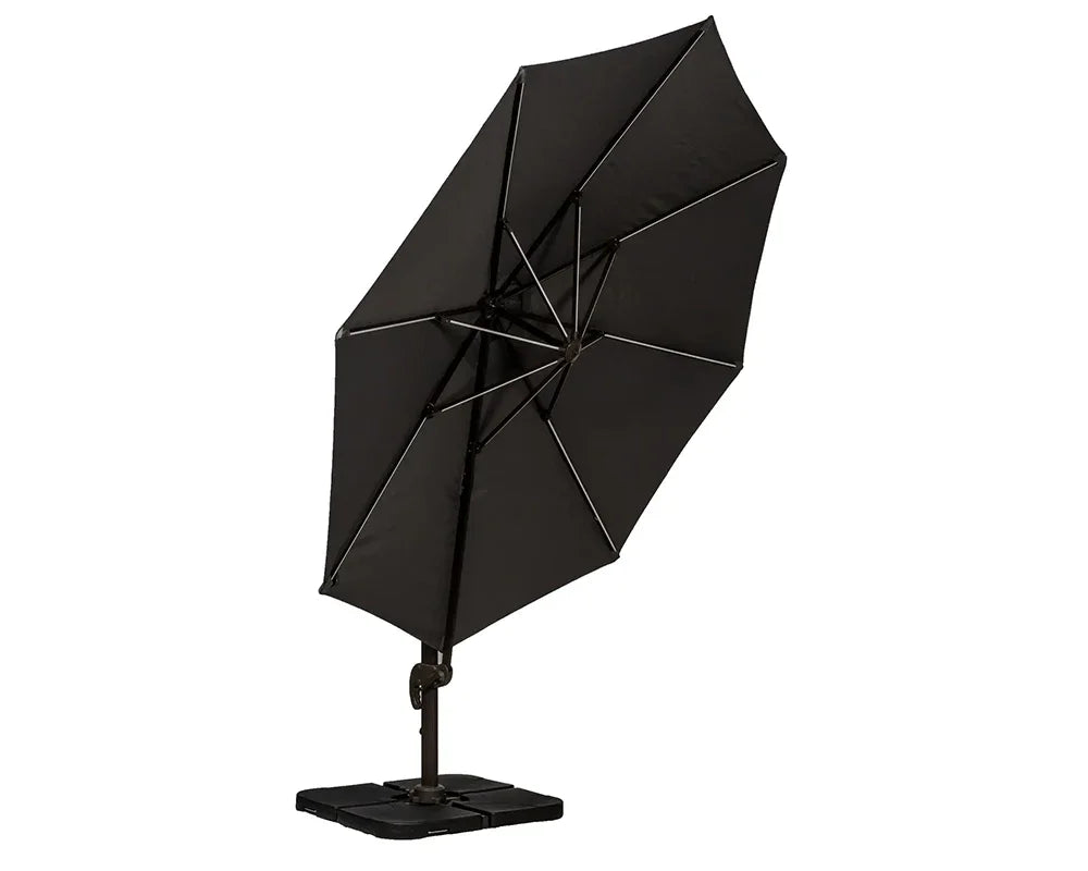Black cantilever garden parasol with weighted base and angled canopy