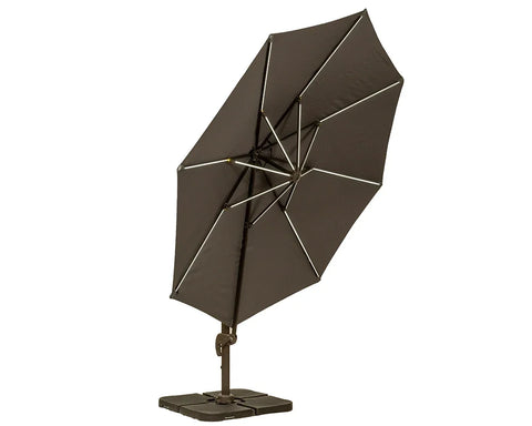 Brown cantilever garden parasol with sturdy metal frame and weighted base