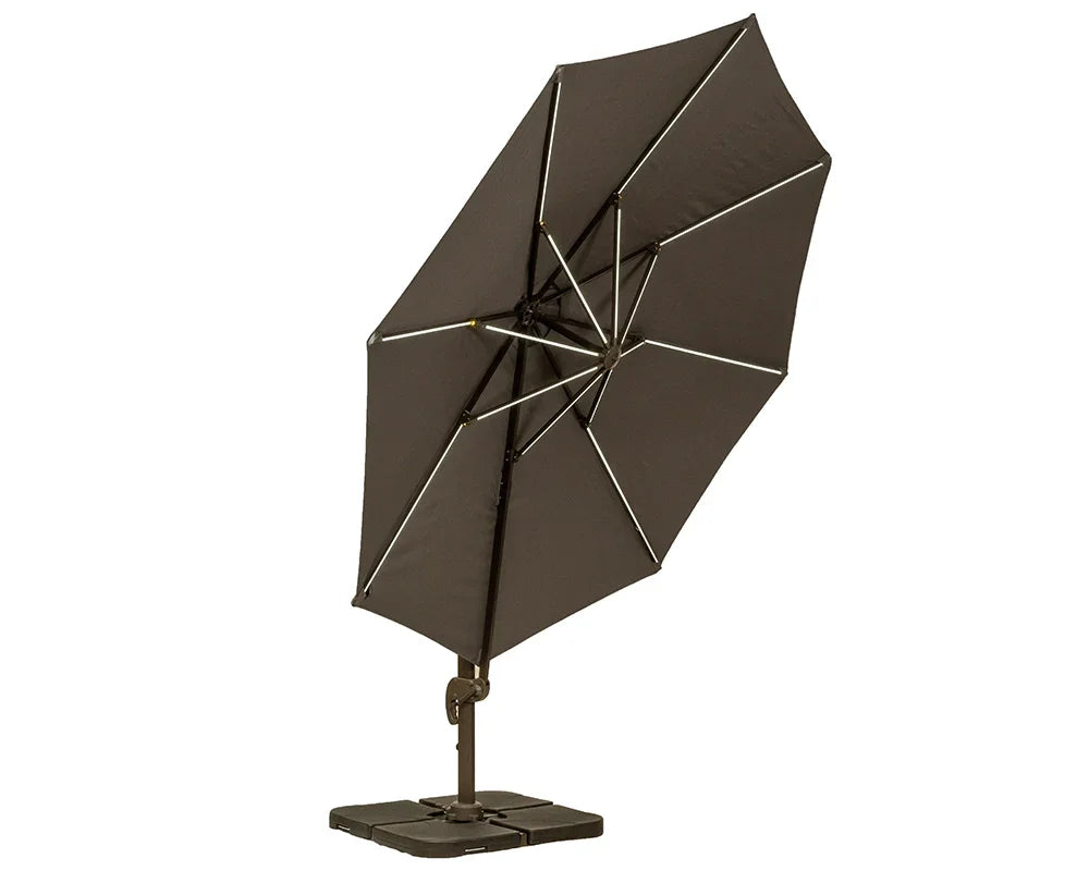 Brown cantilever garden parasol with sturdy base and adjustable tilt arm