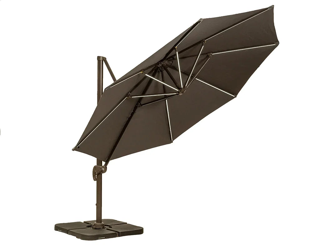 Brown cantilever garden parasol with crank handle on sturdy base