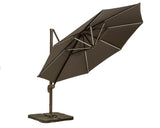 Brown cantilever garden parasol with crank handle on sturdy base