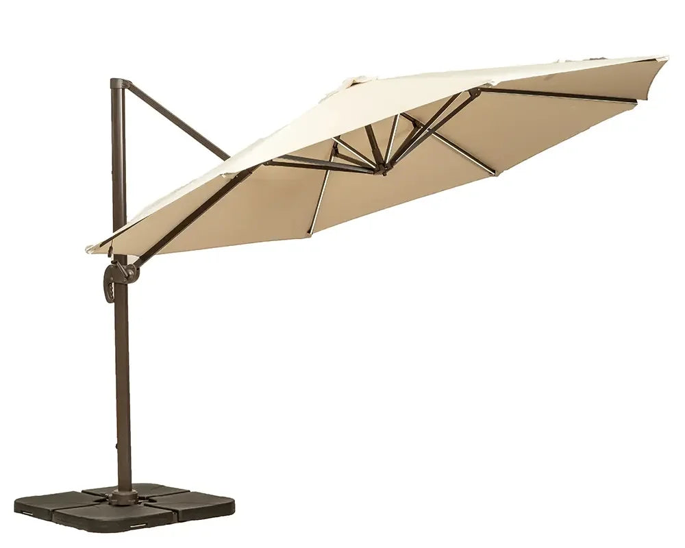 Beige cantilever garden parasol with sturdy black metal base and crank handle