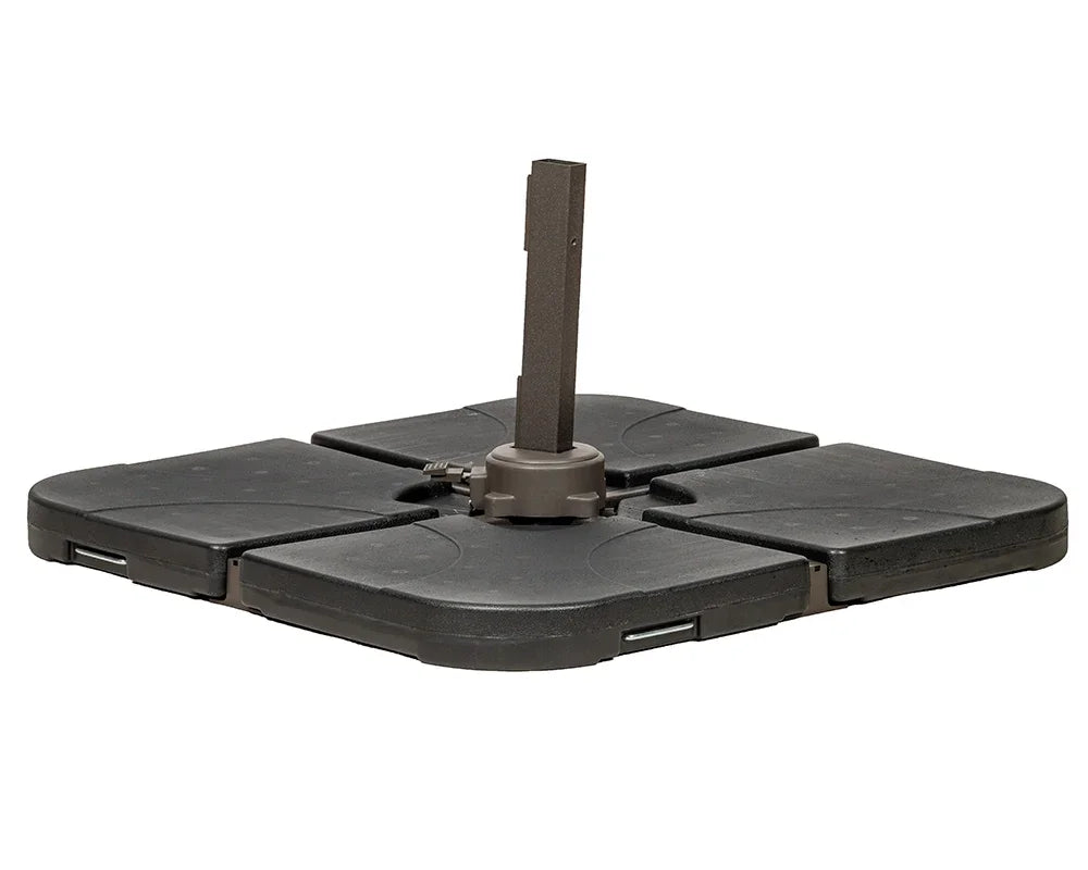 Square cantilever parasol base with four interlocking black slabs and brown central holder