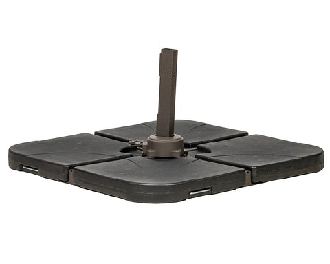 Square cantilever parasol base with four interlocking black slabs and brown central holder