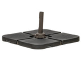 Square cantilever parasol base with four interlocking black slabs and brown central holder