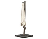 Beige cantilever garden parasol closed on black base, upright view