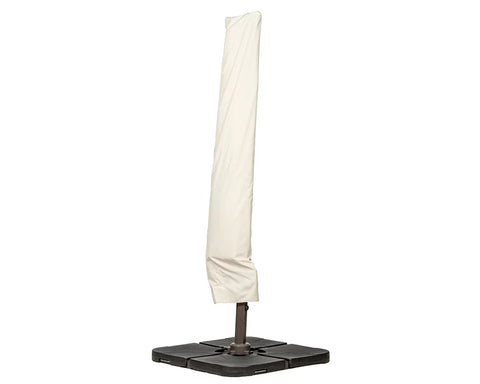 Cream patio parasol cover on dark weighted base for outdoor umbrella protection