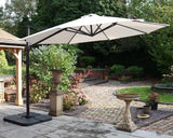 Large white cantilever garden parasol with black frame over patio area