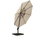 Beige cantilever garden parasol with metal frame and wheeled square base