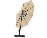 Beige cantilever garden parasol with black metal frame and square base