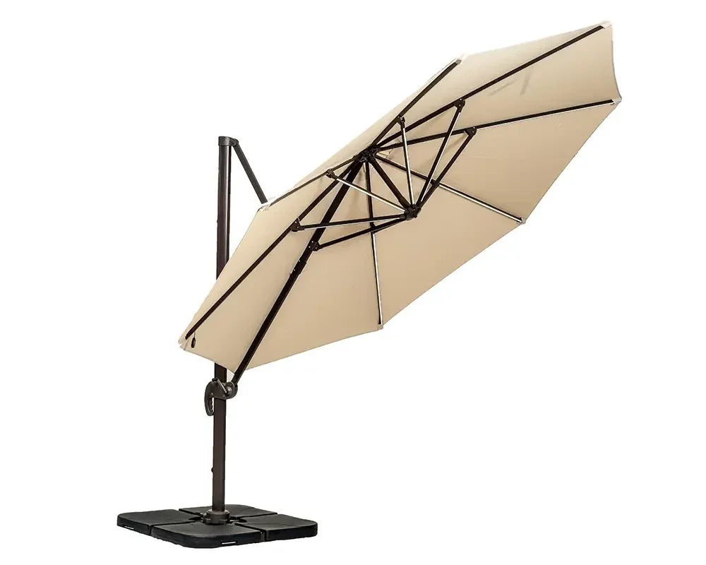 Beige cantilever garden parasol with metal frame and weighted base