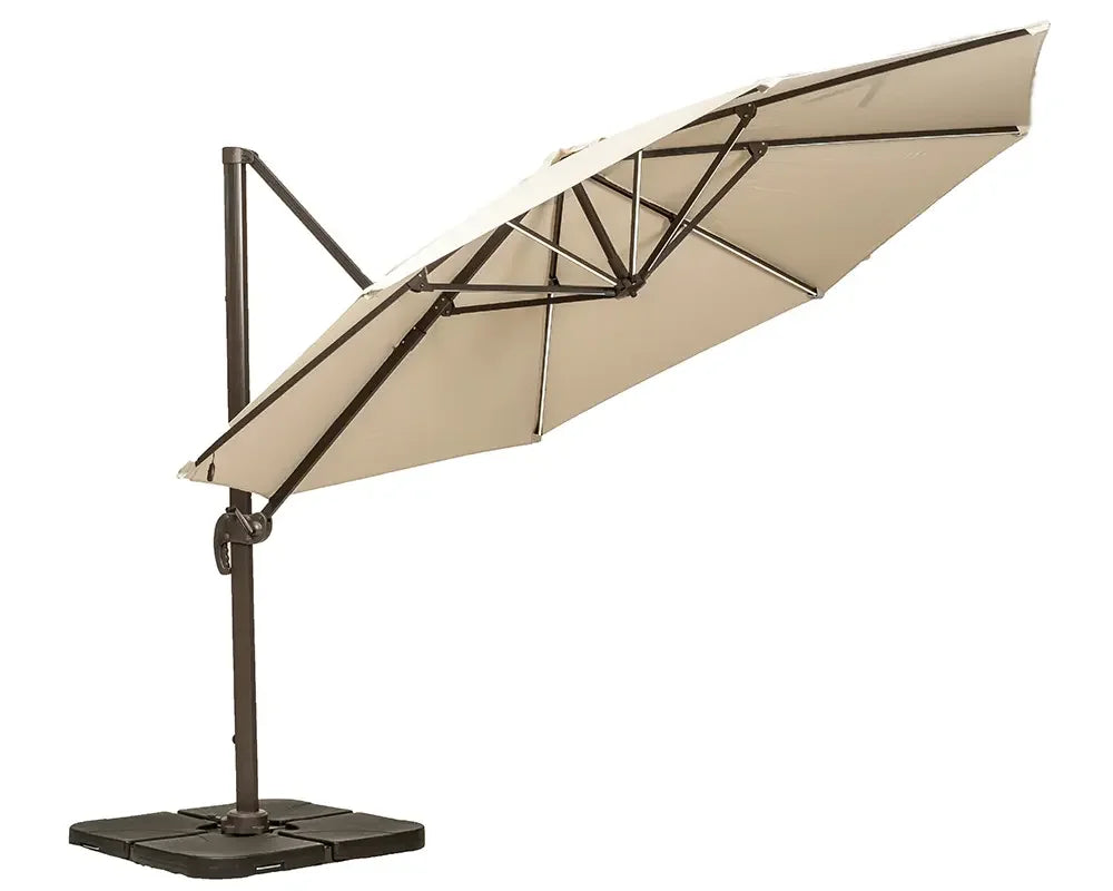 Beige cantilever garden parasol with metal frame and square base, side angle view