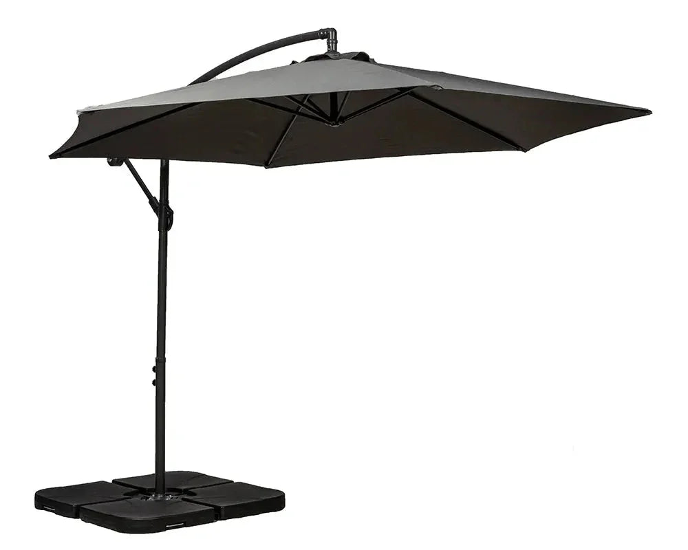 Black cantilever garden parasol with sturdy base and adjustable canopy
