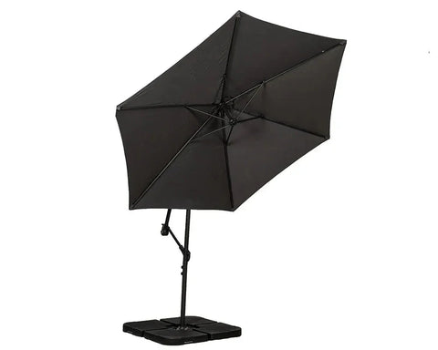 Black cantilever garden parasol with sturdy base and adjustable tilt on white background