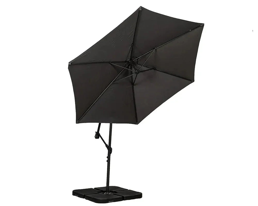 Black cantilever garden parasol with sturdy base and adjustable tilt on white background