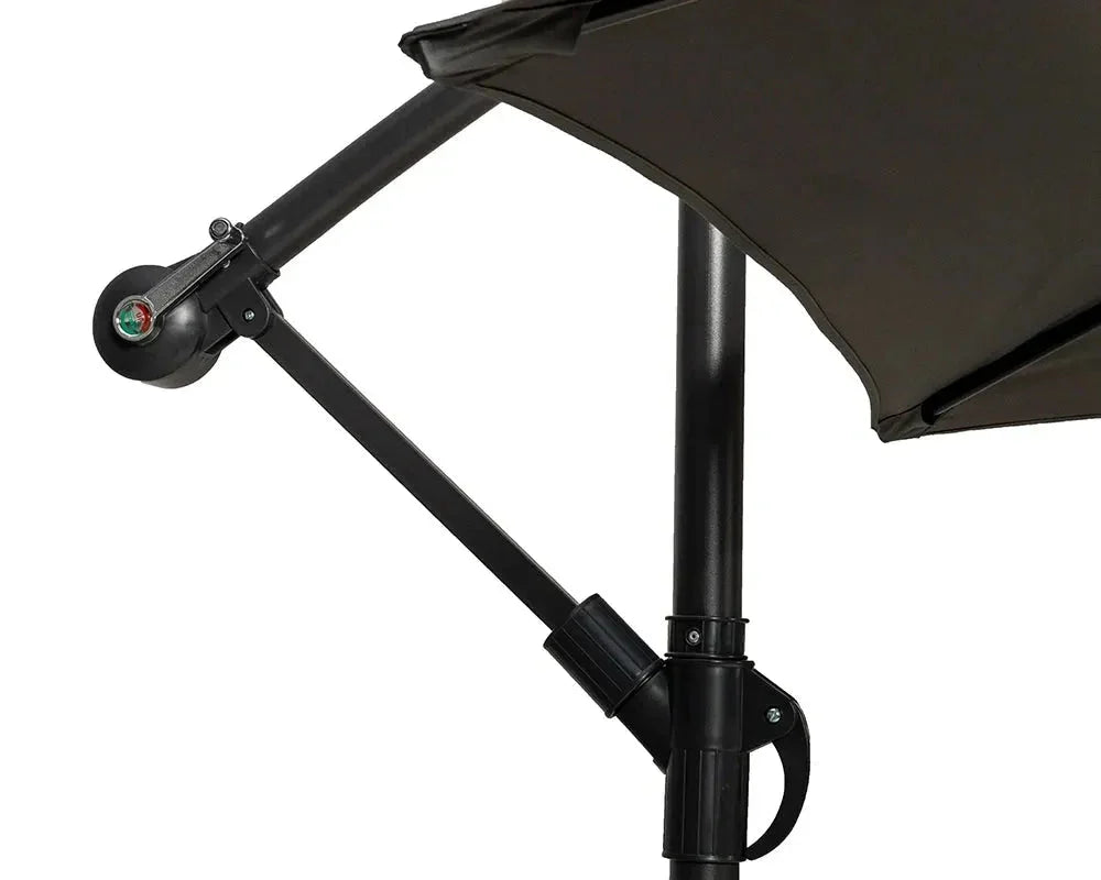 Close-up of cantilever garden parasol frame showing black adjustable arm and tilt mechanism