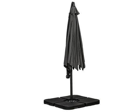 Closed black outdoor parasol with sturdy square base on white background